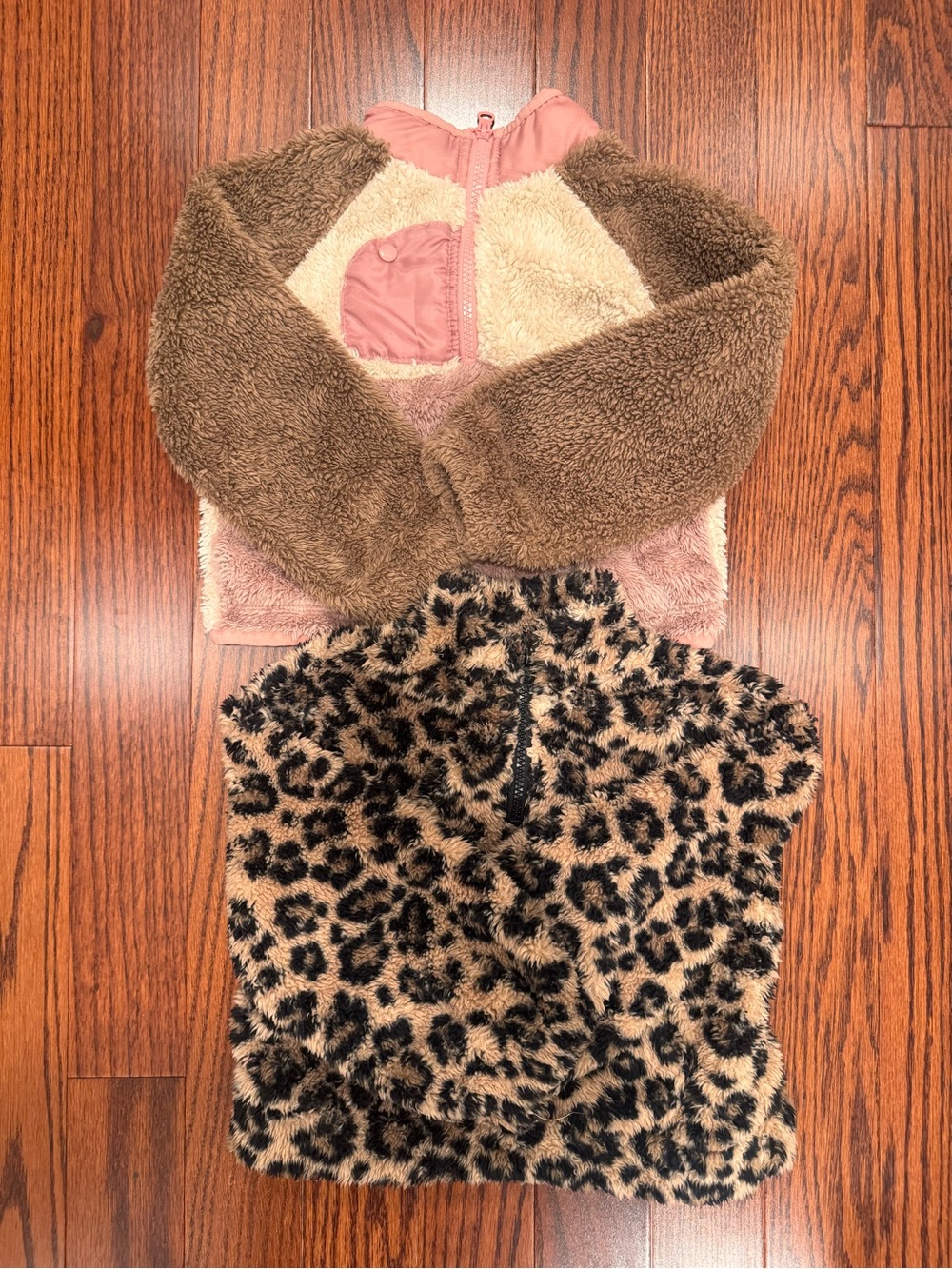 Kids Plush Leopard Vest and Faux-Sherpa Sweater Bundle- Brown Pink